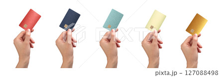 Bank payment set. Hand holding plastic bankcard with chip for credit, debit, loan, cashback, online 127088498
