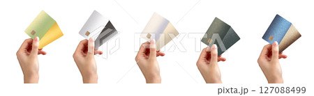 Bankcard collection. Hand holding two plastic bankcards with chip for credit, debit, cashback, 127088499