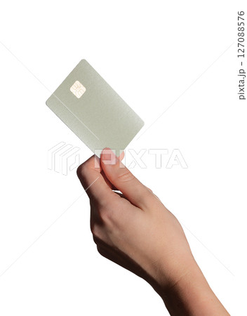 Bank card concept. Pale plastic card with chip held in hand for credit, debit, cashback, loan, Bank card concept. Pale plastic card with chip held in hand for credit, debit, cashback, loan, 127088576