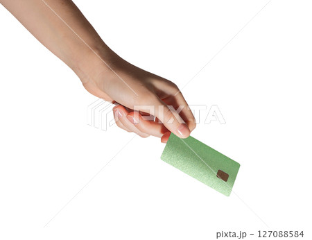 Cashless payment concept. Hand holding modern plastic card with chip for credit, debit, loan, 127088584