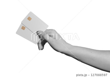 Retro style bank cards. Hand holding two gray halftone plastic cards with dotted design for credit, 127088597