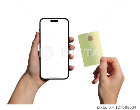 Bank card and phone concept. Hand holding smartphone and chip card with app screen for online Bank card and phone concept. Hand holding smartphone and chip card with app screen for online 127088634