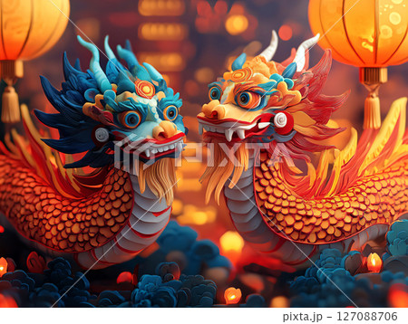 Beautiful twin dragon. Chinese New Year Festival Symbols. AI Generated. 127088706