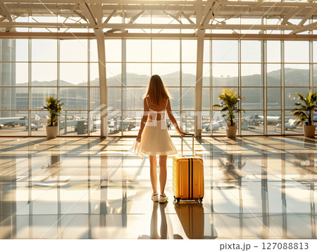 Female traveler passenger walking with a yellow suitcase at the Airport Terminal, travel, vacation. AI Generated. 127088813