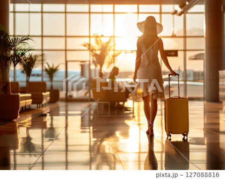 Female traveler passenger walking with a yellow suitcase at the Airport Terminal, travel, vacation. AI Generated. 127088816