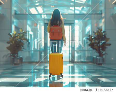 Female traveler passenger walking with a yellow suitcase at the Airport Terminal, travel, vacation. AI Generated. 127088817