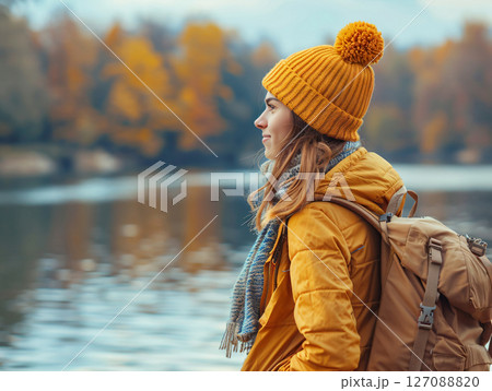 Happy woman traveler with backpack enjoying autumn hiking along the river. The concept of hiking. AI Generated. 127088820