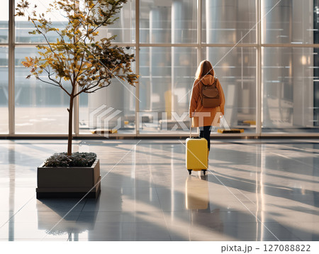 Female traveler passenger walking with a yellow suitcase at the Airport Terminal, travel, vacation. AI Generated. 127088822