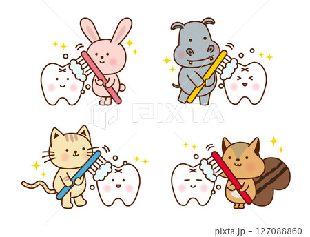 かわいい動物たちが歯を磨くイラストセット（うさぎ・カバ・ネコ・リス） 127088860