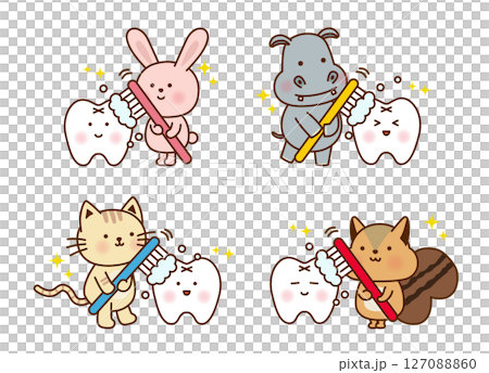 かわいい動物たちが歯を磨くイラストセット（うさぎ・カバ・ネコ・リス） 127088860