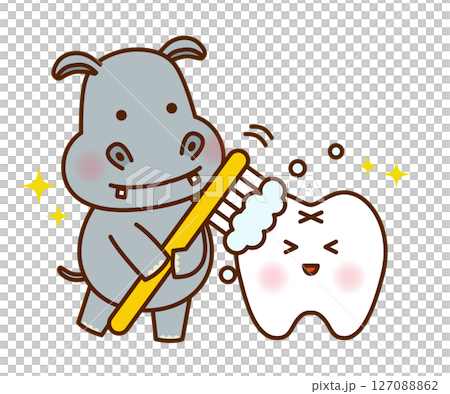 Illustration of a cute hippopotamus brushing his teeth Illustration of a cute hippopotamus brushing his teeth 127088862