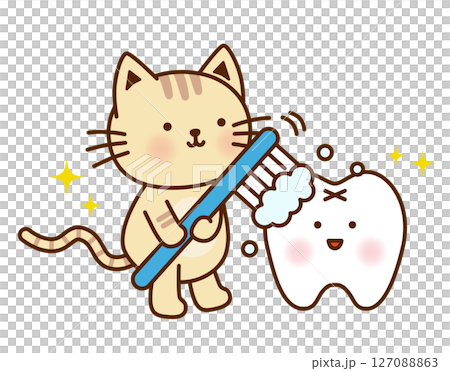Illustration of a cute cat brushing its teeth 127088863
