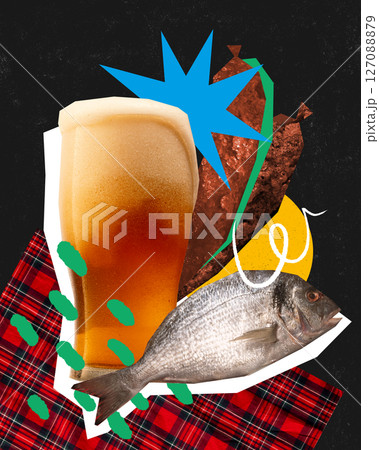 Conceptual art design. Pint of beer, dry sausage and fresh fish on tartan background with abstract shapes. Magazine style. Conceptual art design. Pint of beer, dry sausage and fresh fish on tartan background with abstract shapes. Magazine style. 127088879