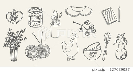 Cottagecore set cosy country rural things sketch. Retro cute whimsy farm themed cottage core aesthetic. Hobby collection, vegetables doodle. 127089027