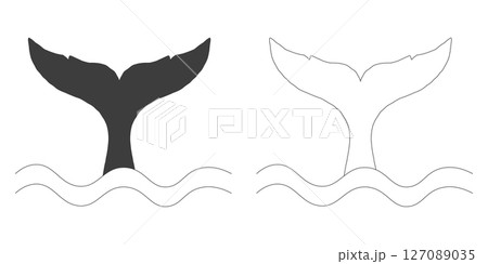 Whale Tale Icon ocean animal, mammal tail line sketch. Vintage simple silhouette with waves. Minimalistic simple tattoo drawing.  127089035