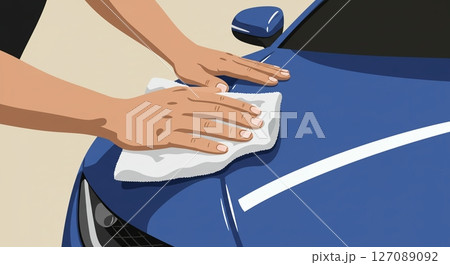 プロの集中力!ボンネットを磨き上げる男性 プロの集中力!ボンネットを磨き上げる男性 127089092