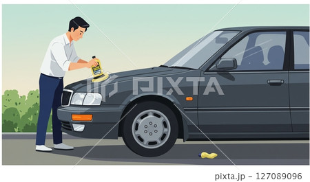 プロの技！ボンネットを磨き上げる男性の集中 127089096