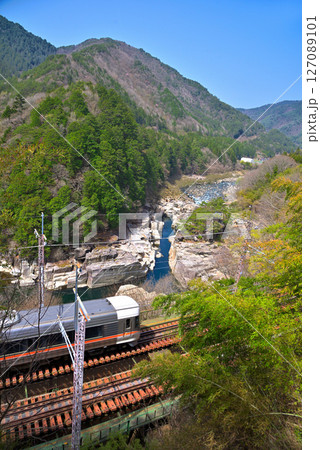 《長野県》新緑の寝覚の床を走る特急しなの 127089101