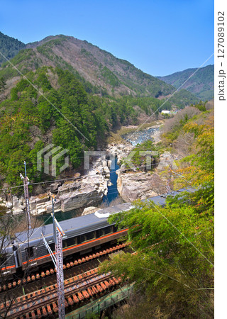 《長野県》新緑の寝覚の床を走る特急しなの 127089102