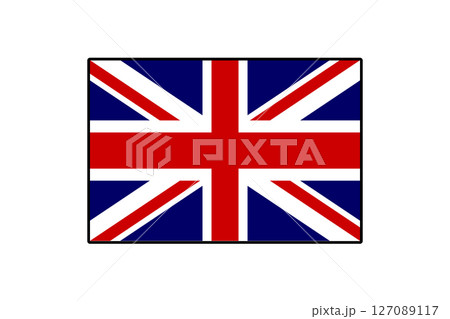 The design showcases a vector flag of the United Kingdom, illustrating bold colors of red, blue, and white in a distinctive pattern. This flag symbolizes British heritage and identity. 127089117