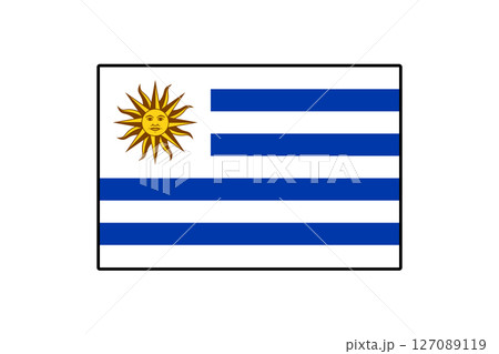 Featuring blue and white stripes with the sun emblem, this illustration represents the national flag of Uruguay, symbolizing the country's identity and pride. 127089119