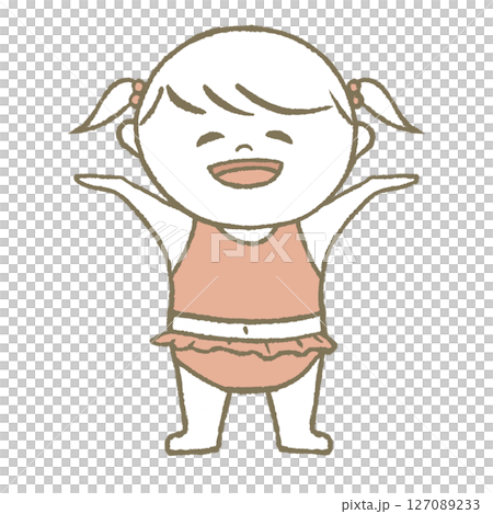 Child in swimsuit, smiling, pink 127089233