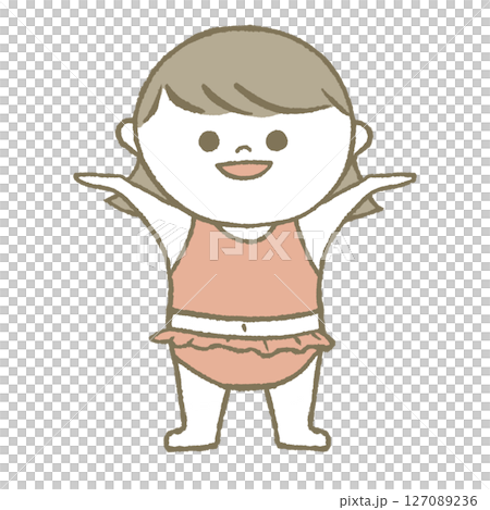 Child in swimsuit, smiling, pink 127089236