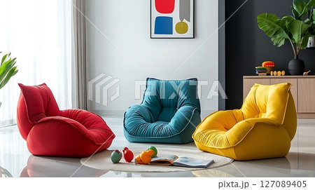 Three colorful chairs are arranged in a living room 127089405