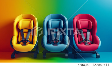 Three colorful car seats are lined up against a colorful wall 127089411