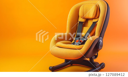 A yellow car seat with a black base 127089412