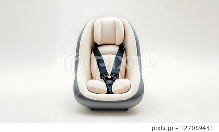 A white and grey car seat with a blue buckle 127089431