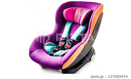A purple and orange car seat with a pink pillow 127089454