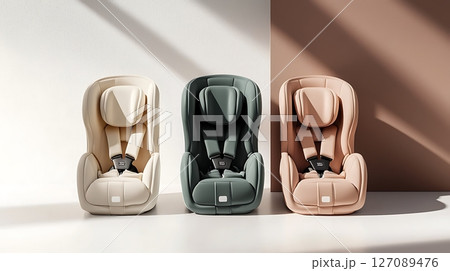 Three different colored car seats are displayed on a white background 127089476