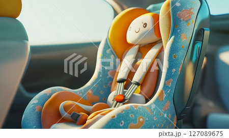 A cartoonish child is sitting in a car seat with a smile on its face 127089675