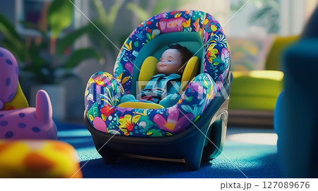 A colorful car seat with a baby in it 127089676