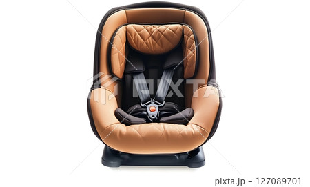 A brown leather car seat with a red button 127089701