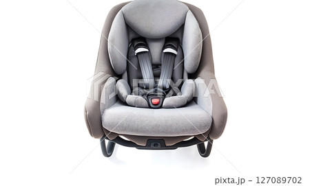 A grey car seat with a red and white buckle 127089702