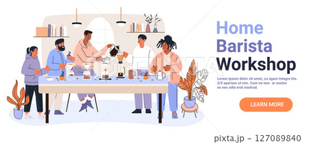 Home barista workshop coffee brewing group people making pour over drinks modern kitchen plants cozy interior website banner 127089840