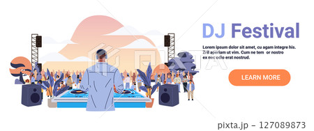 DJ festival outdoor music event crowd dancing DJ performing on stage with turntables large speakers sunset background modern flat website banner template DJ festival outdoor music event crowd dancing DJ performing on stage with turntables large speakers sunset background modern flat website banner template 127089873