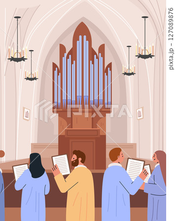 Church choir singing organ music performance stained glass interior candles people in robes holding sheet music gothic architecture flat design 127089876