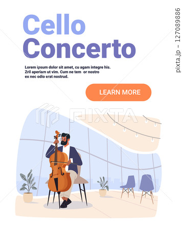 Cello player performing concert modern interior audience chairs plants large windows flat design landing page 127089886