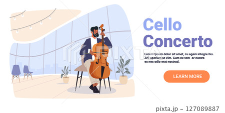 Cellist performing concert modern interior audience plants stage large windows elegant setting chairs soft colors website banner 127089887