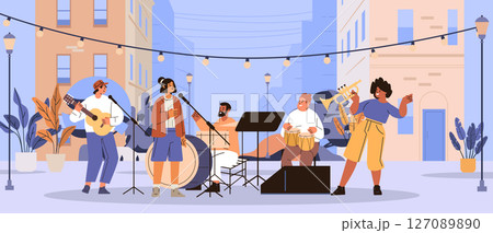 Street band music performance outdoor concert musicians playing instruments urban cityscape background plants string lights modern flat banner 127089890