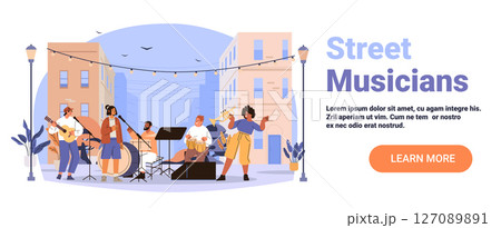 Street musicians band outdoor performance city buildings diverse group playing instruments evening lights urban background website banner 127089891