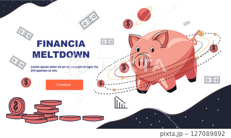 Financial crisis piggy bank economic recession savings loss coins bills orbiting falling graph colorful modern website banner 127089892