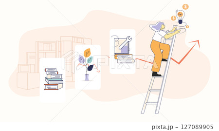 Woman climbing ladder reaching lightbulb money growth crisis overcoming financial downturn education business icons abstract background 127089905