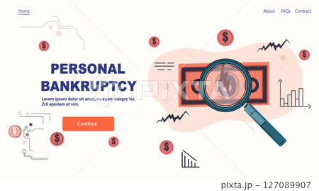 Personal bankruptcy financial crisis magnifying glass money bill declining graphs dollar signs abstract background website banner 127089907