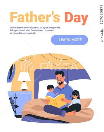 Father reading bedtime story to children family bonding cozy bedroom warm colors lamp nightstand plants website banner 127089975