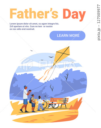 Father and children flying kite park outdoor activity family leisure bicycle bench trees nature landscape website banner Father and children flying kite park outdoor activity family leisure bicycle bench trees nature landscape website banner 127089977