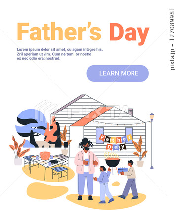 Fathers Day family celebration backyard barbecue children giving gifts outdoor party house decorations festive scene Fathers Day family celebration backyard barbecue children giving gifts outdoor party house decorations festive scene 127089981